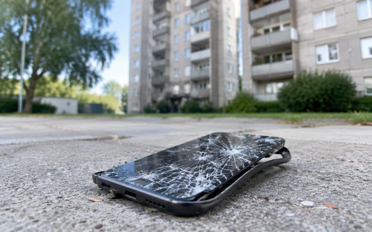 Zerstörtes Smartphone mit zersplittertem Display auf dem Gehweg vor einem Wohnhochhaus in Zwickau