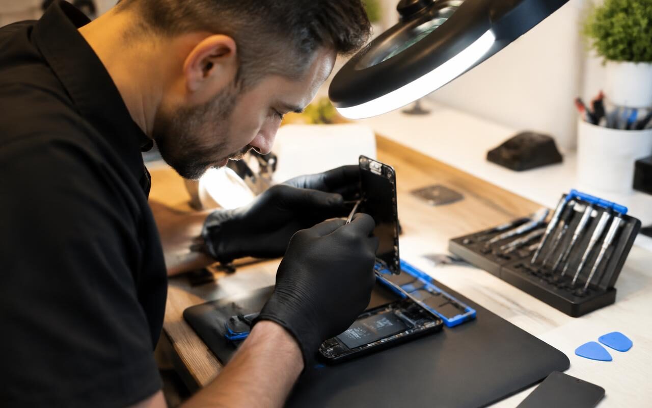 Techniker tauscht an einer Werkbank das Display eines Smartphones aus