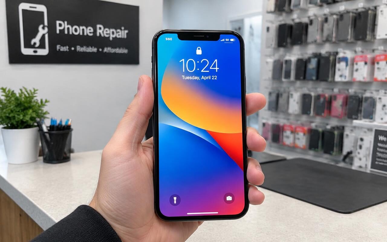 Repariertes Smartphone mit intaktem Bildschirm in der Hand im Reparaturgeschäft